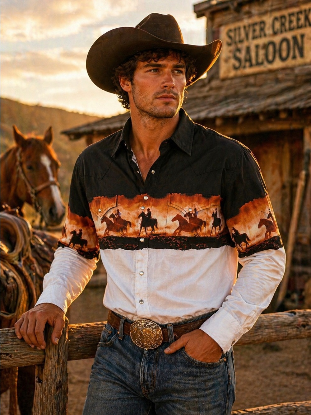 Gorgeous ELY Cattleman Western Button-Up Shirt with round up scene